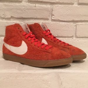 Nike red/orange, fuzzy suede high top tennis shoes